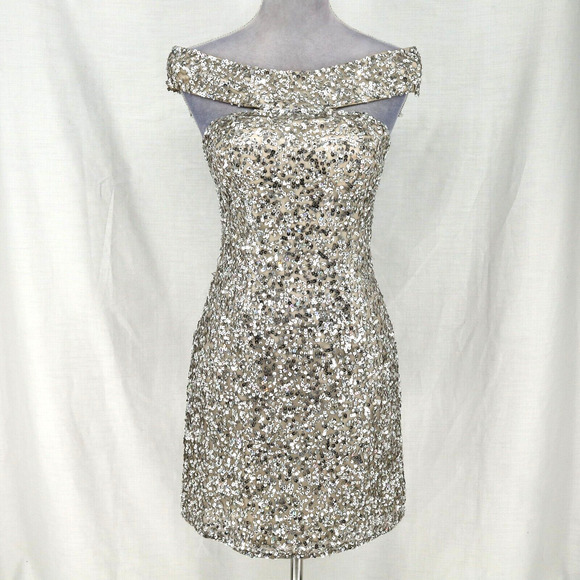 Scala Dress Womens 2 Silk Silver Sequins Off Shoulder FLAW Some sequins missing - Picture 13 of 16